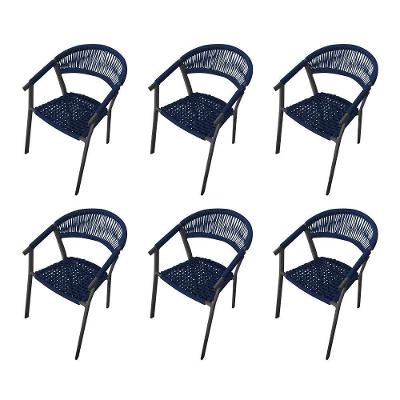 Kit 6 Cadeiras Decorativa Joana Em Corda Náutica E Base Em Alumínio Preta- Azul Marinho - Cor: Azul