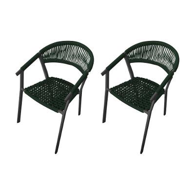 Kit 2 Cadeiras Decorativa Joana Em Corda Náutica E Base Em Alumínio Preta - Verde Musgo - Cor: Verde