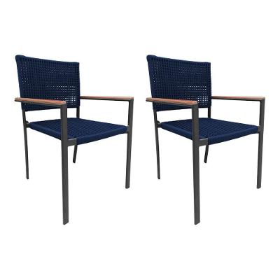 Kit 2 Cadeiras Piracicaba Corda Náutica Braço C-Detalhe Em Madeira Base Alumínio Preto-azul Marinho