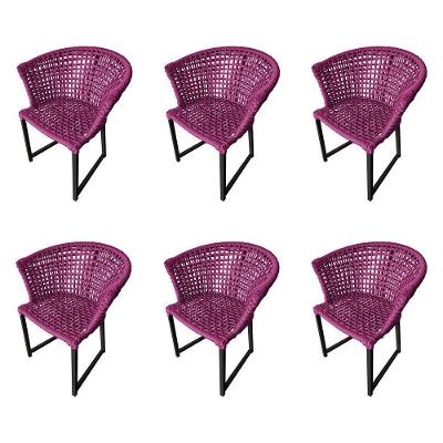 Kit 6 Cadeiras Salinas Corda Náutica Base Em Alumínio Preto-rosa - Cor: Rosa