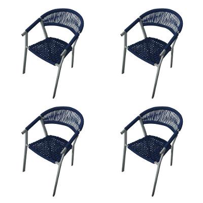 Kit 4 Cadeiras Decorativa Joana Em Corda Náutica E Base Em Alumínio Cinza -azul Marinho - Cor: Azul