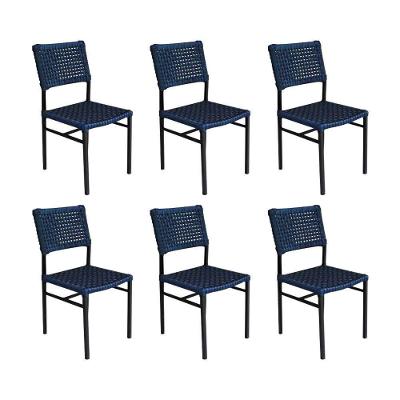 Kit 6 Cadeiras França Corda Náutica Base Em Alumínio Preto-azul Marinho - Cor: Azul
