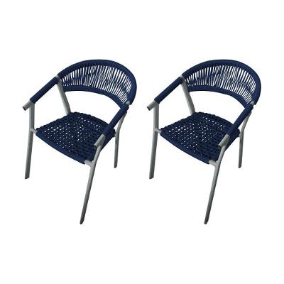 Kit 2 Cadeiras Decorativa Joana Em Corda Náutica E Base Em Alumínio Cinza-azul Marinho - Cor: Azul