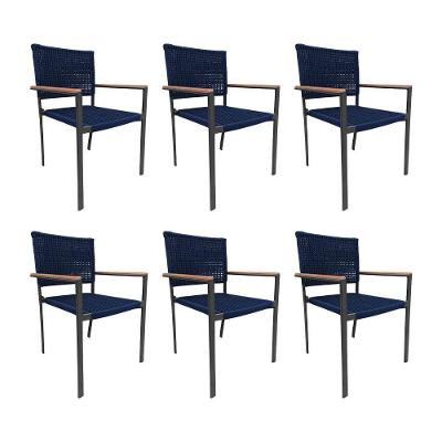Kit 6 Cadeiras Corda Náutica Braço Com Detalhe Em Madeira Base Alumínio Preto-azul Marinho