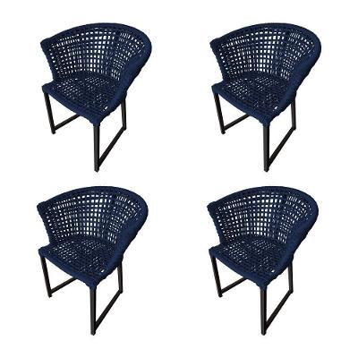Kit 4 Cadeiras Salinas Corda Náutica Base Em Alumínio Preto-azul Marinho - Cor: Azul