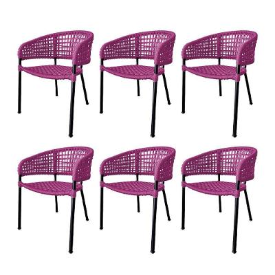 Kit 6 Cadeiras Sol Corda Náutica Base Em Alumínio Preto-rosa - Cor: Rosa