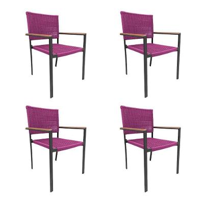 Kit 4 Cadeiras Piracicaba Corda Náutica Braço Com Detalhe Em Madeira Base Alumínio Preto-rosa Rosa