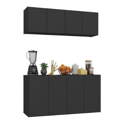 Kit Armário De Cozinha E Aparador 4 Portas Multimóveis Mp2162 Preto Preto