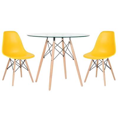 Mesa Redonda Eames Com Tampo De Vidro 90 Cm + 2 Cadeiras Eiffel Dsw Amarelo