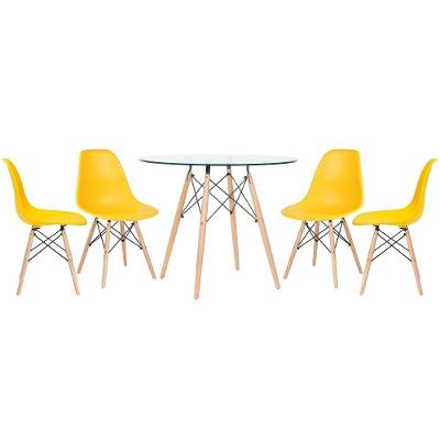 Mesa Redonda Eames Com Tampo De Vidro 90 Cm + 4 Cadeiras Eiffel Dsw Amarelo