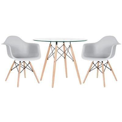 Mesa Redonda Tampo De Vidro 90 Cm + 2 Cadeiras Cinza Claro