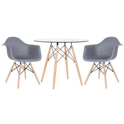 Mesa Redonda Tampo De Vidro 90 Cm + 2 Cadeiras Cinza Escuro
