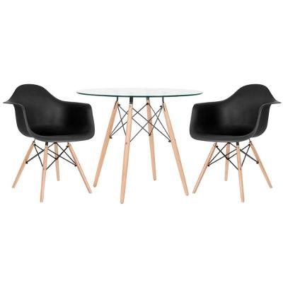 Mesa Redonda Tampo De Vidro 90 Cm + 2 Cadeiras Preto