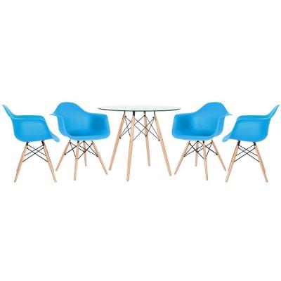 Mesa Redonda Tampo De Vidro 90 Cm + 4 Cadeiras Azul Céu