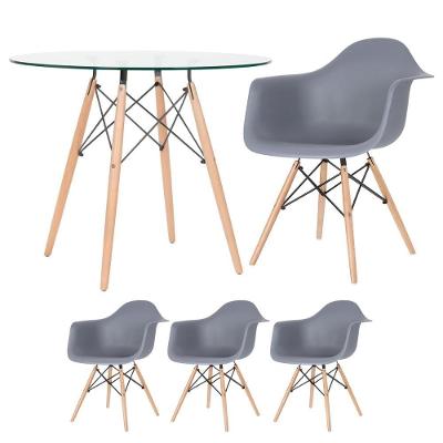 Mesa Redonda Tampo De Vidro 90 Cm + 3 Cadeiras Cinza Escuro