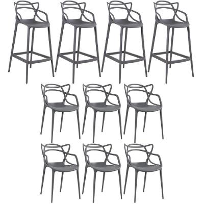 Kit 6 Cadeiras + 4 Banquetas Altas Masters Allegra Cinza Escuro