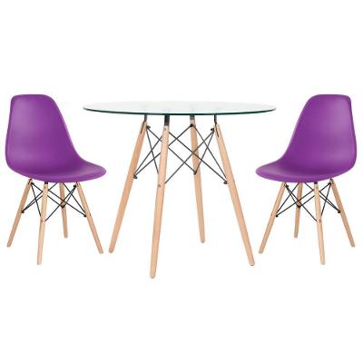 Mesa Redonda Eames Com Tampo De Vidro 90 Cm + 2 Cadeiras Eiffel Dsw Roxo