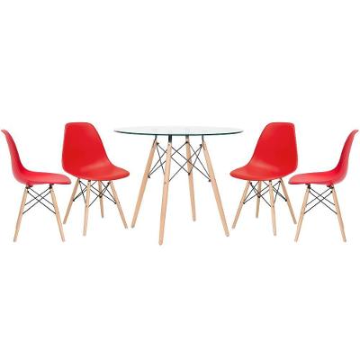 Mesa Redonda Eames Com Tampo De Vidro 90 Cm + 4 Cadeiras Eiffel Dsw Vermelho