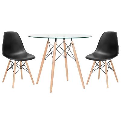 Mesa Redonda Eames Com Tampo De Vidro 90 Cm + 2 Cadeiras Eiffel Dsw Preto