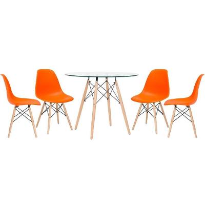 Mesa Redonda Eames Com Tampo De Vidro 90 Cm + 4 Cadeiras Eiffel Dsw Laranja