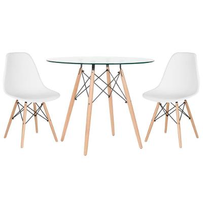 Mesa Redonda Eames Com Tampo De Vidro 90 Cm + 2 Cadeiras Eiffel Dsw Branco