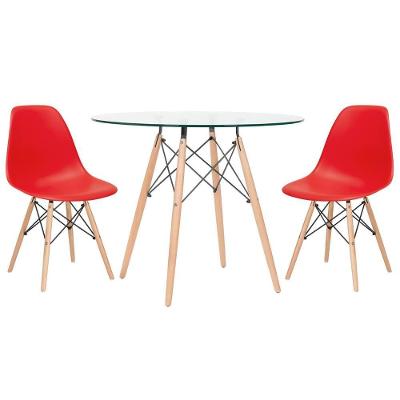 Mesa Redonda Eames Com Tampo De Vidro 90 Cm + 2 Cadeiras Eiffel Dsw Vermelho