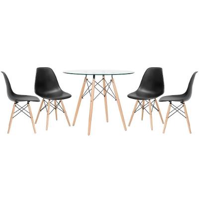 Mesa Redonda Eames Com Tampo De Vidro 90 Cm + 4 Cadeiras Eiffel Dsw Preto