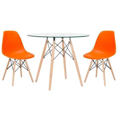 Mesa Redonda Eames Com Tampo De Vidro 90 Cm + 2 Cadeiras Eiffel Dsw Laranja Laranja