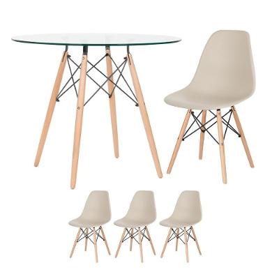 Mesa Redonda Eames Com Tampo De Vidro 90 Cm + 3 Cadeiras Eiffel Dsw Nude
