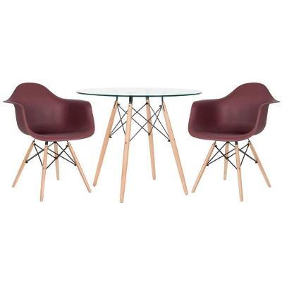 Mesa Redonda Eames Com Tampo De Vidro 90 Cm + 2 Cadeiras Eiffel Daw Marrom