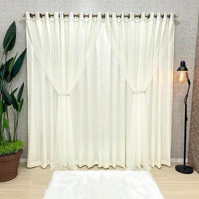 Cortina Aurora Cetim Amassado Tule Pérolas 3,00x2,50m Sala Quarto Varão 3m - Palha