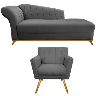 Kit Diva Recamier Vanessa 185cm Lado Direito E 01 Poltrona Laura Suede Cor Cinza