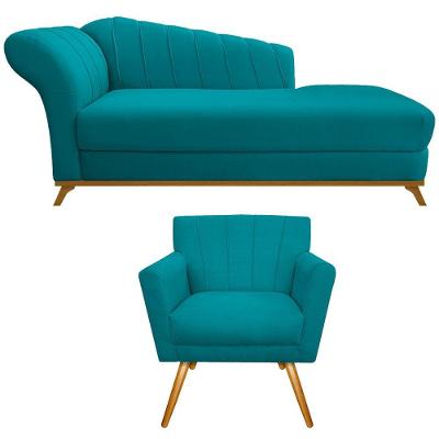 Kit Diva Recamier Vanessa 185cm Lado Direito E 01 Poltrona Laura Suede Cor Azul Turquesa