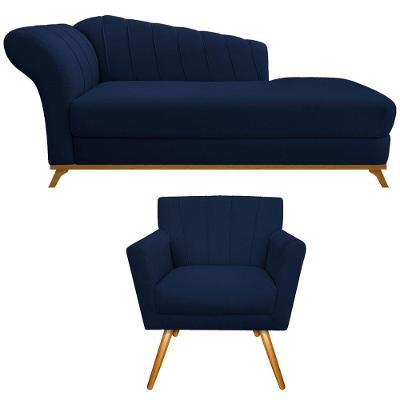 Kit Diva Recamier Vanessa 160cm Lado Direito E 01 Poltrona Laura Suede Cor Azul Marinho