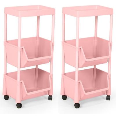 Kit 2 Carrinho Multiuso Prático 3 Prateleiras Em Plástico Com Rodízio - Rosa
