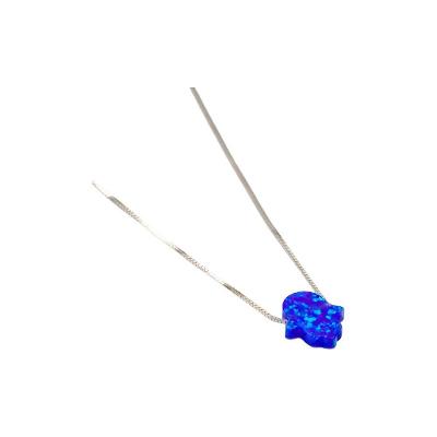 Colar Com Mão De Fátima Em Resina Sintética Azul Brilhosa Em Prata 925 único