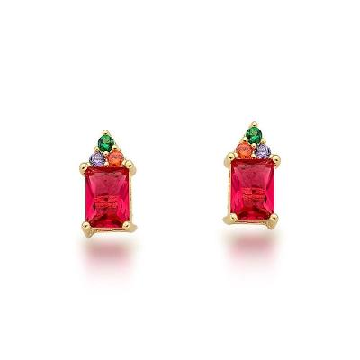 Brinco Ponto De Luz Colorido Banhado A Ouro 18k Vermelho Com Colorido