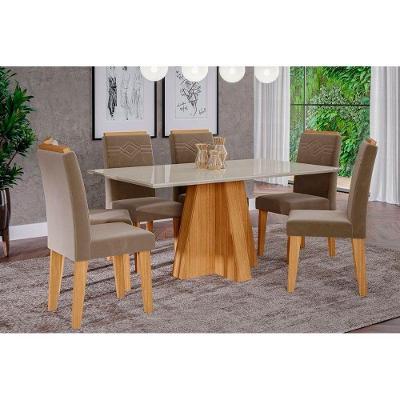 Conjunto: Mesa Sala Jantar Patricia Tampo Madeirado 160cm Canto Reto + 6 Cadeiras Taís c/ Moldura Nature/OW/Joli - Cimol