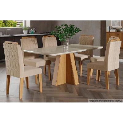 Conjunto: Mesa Sala Jantar Maitê c/ Tampo Madeirado c/ Vidro 160cm + 6 Cadeiras Paola Nature/OW/Nude - Cimol