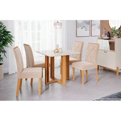 Conjunto: Mesa Sala Jantar Flora c/ Tampo Madeirado 95cm + 4 Cadeiras Fernanda Nature/OW/Nude - Cimol