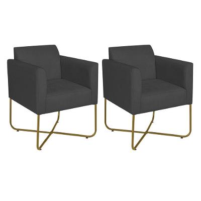 Kit 02 Poltronas Decorativas Andréia Base X Dourada Linho Cor Cinza Escuro
