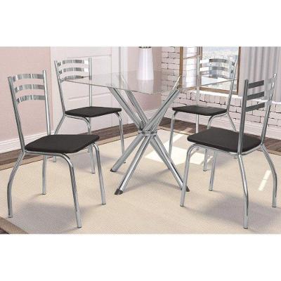 Conjunto: Mesa de Cozinha Volga c/ Tampo Vidro 90cm + 4 Cadeiras Portugal Cromado/Preto - Kappesberg