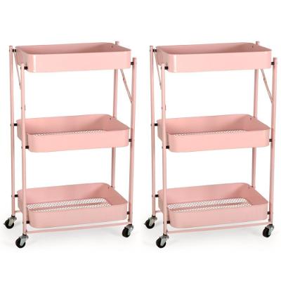 Kit 2 Carrinho Multiuso Organizador Dobrável Com 3 Prateleiras - Rosa