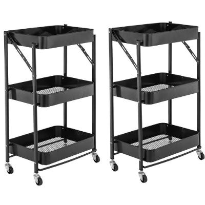 Kit 2 Carrinho Multiuso Organizador Dobrável Com 3 Prateleiras - Preto