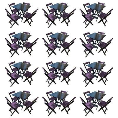 Kit 12 Mesas De Madeira Dobrável Preto 70x70 Com 4 Cadeiras Dobráveis Roxo - Roxo