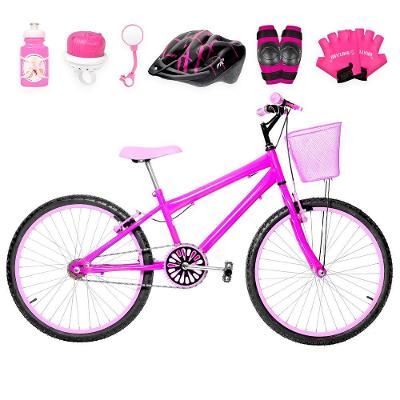 Bicicleta Aro 24 Alumínio + Kit Proteção Pink E Rosa