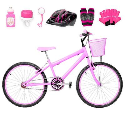 Bicicleta Aro 24 Alumínio Colorido + Kit Proteção Cor Rosa