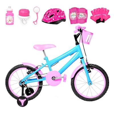 Bicicleta Infantil Feminina Aro 16 Alumínio Colorido + Kit Proteção Azul Claro E Rosa