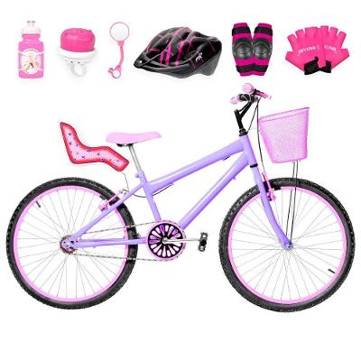 Bicicleta Aro 24 Alumínio + Kit Premium Lilás E Rosa