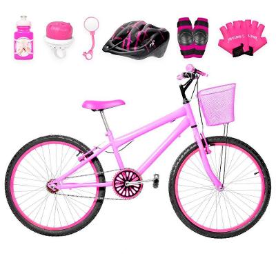 Bicicleta Aro 24 Alumínio + Kit Proteção Rosa E Pink